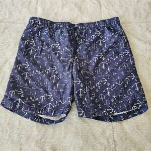 Lands End Men' Elastic Waist swim shorts trunks anchor pattern w/ pockets Medium